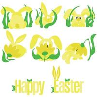 Clipart set with Easter bunnies, symbolic animals in the grass and a festive inscription vector