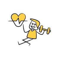 yellow stick figure character with dumbbell and heart vector