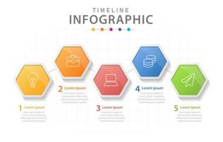 plantilla infográfica para negocios. Diagrama de línea de tiempo moderno de 5 pasos con hexágonos, infografía vectorial de presentación. vector