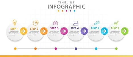 plantilla infográfica para negocios. Diagrama de línea de tiempo moderno de 6 pasos con círculos, infografía vectorial de presentación. vector