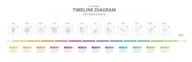 plantilla infográfica para negocios. Calendario de diagrama de línea de tiempo de 12 meses con iconos modernos, infografía vectorial de presentación. vector