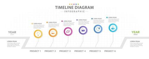 plantilla infográfica para negocios. 6 diagrama de línea de tiempo moderno con planificador de proyectos, infografía vectorial de presentación. vector