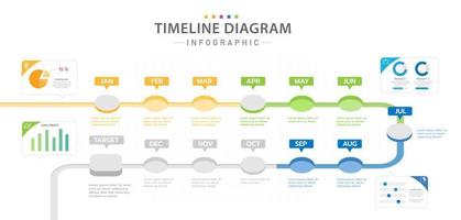 plantilla infográfica para negocios. Calendario de diagrama de línea de tiempo moderno de 12 meses, infografía vectorial de presentación. vector