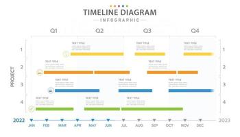 Diagrama de calendario de línea de tiempo moderno infográfico de 12 meses con diagrama de Gantt. vector