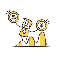 yellow stick figure businessman holding yuan and dollar coins vector