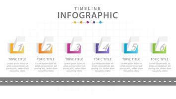 plantilla infográfica para negocios. Diagrama de línea de tiempo moderno de 6 pasos con edificios, infografía vectorial de presentación. vector