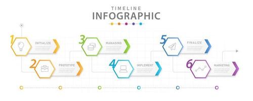 plantilla de infografía para negocios, diagrama de línea de tiempo moderno de 6 pasos con planificador de procesos. vector