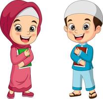 Cartoon muslim kids holding Quran book vector