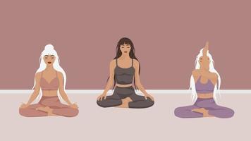 atención plena, meditación y fondo de yoga en colores pastel vintage con mujeres sentadas con las piernas cruzadas y meditando. ilustración vectorial vector