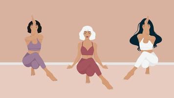 atención plena, meditación y fondo de yoga en colores pastel vintage con mujeres sentadas con las piernas cruzadas y meditando. ilustración vectorial vector