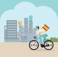 Character on a flattened bicycle with a city background vector