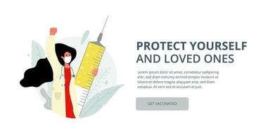 Female doctor raises her right hand in protest, holding a syringe with vaccine in her left.Vector flat illustration for website