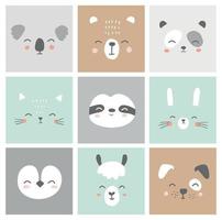 Cute simple animal faces portraits - hare, bear, sloth, cat, koala, alpaca, llama, panda, penguin, dog. Designs for baby clothes. Hand drawn characters. Vector illustration.