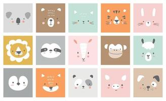 lindos retratos de animales simples: liebre, tigre, oso, perezoso, gato, koala, zorro, alpaca, llama, panda, pingüino, león, perro, cabra, cerdo. diseños para ropa de bebé. personajes dibujados a mano. ilustración vectorial