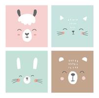 Cute simple animal faces portraits - kawaii animals. Bunny, bear, cat, alpaca, llama. Designs for baby clothes, posters, greeting card. Hand drawn characters. Vector illustration.