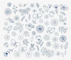 Cute doodle flowers, birds, butterflies. Hand drawn floral illustrations. Vector design elements.