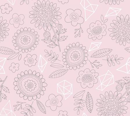 Vector hand drawn floral pattern. Doodle seamless spring background with flowers, leaves and linear geometric shapes. Subtle, girly print design.