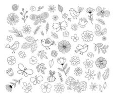 doodle flores, pájaros, mariposas. lindas ilustraciones florales dibujadas a mano. elementos de diseño vectorial. vector