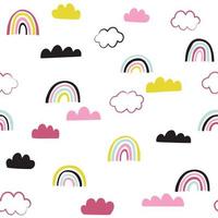 Rainbows and clouds seamless pattern. Cute doodle childish vector illustration. Hipster background.