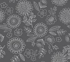 Vector doodle floral pattern with flowers and leaves. White line art on dark background in chalkboard style. Girly seamless print.