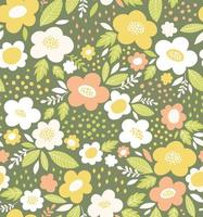 Floral vector pattern. Cute flower seamless background with leaves and dots in vintage colors.