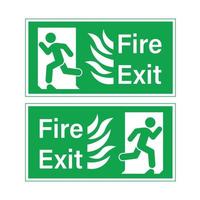 Señales de evacuación verde de salida de incendios con humano y puerta.