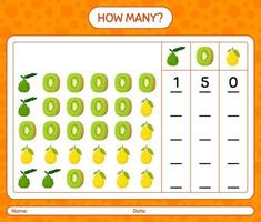 How many counting game with fruit. worksheet for preschool kids, kids activity sheet, printable worksheet vector