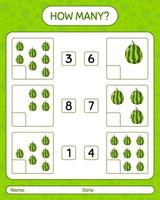 How many counting game with watermelon worksheet for preschool kids, kids activity sheet, printable worksheet vector