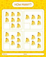 How many counting game with banana worksheet for preschool kids, kids activity sheet, printable worksheet vector