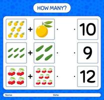 How many counting game with fruit. worksheet for preschool kids, kids activity sheet, printable worksheet vector