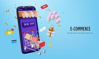 globo rosa con carrito y teléfono inteligente para compras en línea vector