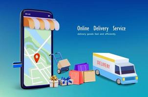 camión de reparto con bolsa de compras y aplicación de mapas para compras en línea vector