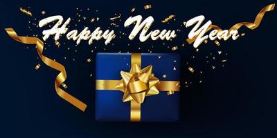 happy new year text with gift box and gold ribbon