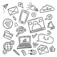 hand drawn outline doodle drawing of digital internet marketing related object illustration collection set vector