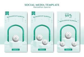 Clean green ramadhan festival social media story post template set with podium platform for product display vector