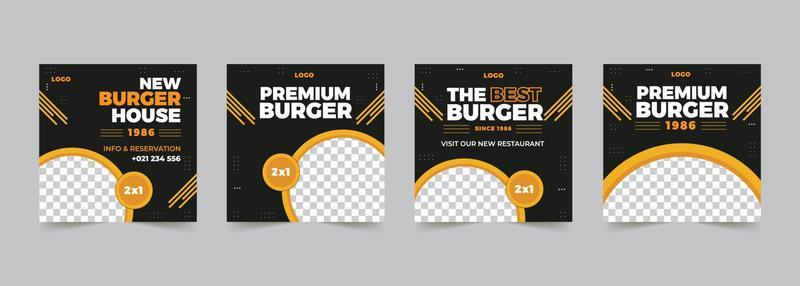 Set of Editable minimal square banner template for food promotion. Black and yellow background color with stripe line shape. Suitable for social media post and web internet ads.