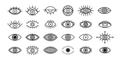 conjunto de ojos místicos para el diseño boho. ilustración vectorial del contorno del mal de ojo. ojos símbolos dibujados a mano para el diseño de tatuajes. vector