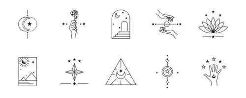 conjunto de colección de brujas y magia. símbolos boho en el estilo de diseño de cartas del tarot. mística y fantasía en la ilustración de vector monoline