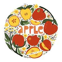 set with apples on branches, apple blossoms, caterpillars and bees hand drawn in flat style. vector illustration.