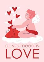 linda tarjeta con cupido para el día de san valentín y la inscripción todo lo que necesitas es amor. ilustración dibujada a mano vectorial plana. vector
