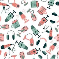 Podcast seamless pattern. Doodle print with headphones, microphone, cup, record button. Great for podcasts, radio interviews, or online learning. Vector illustration