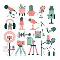 set with microphones, flowers, headsets on the theme of the podcast. flat vector illustration isolated on white background.