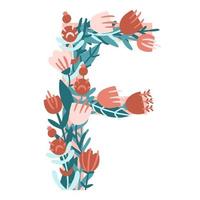 Letter F. Hand drawn vector monogram composed of flowers, branches and leaves on a white background. flowers in flat style.