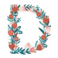 Letter D. Hand drawn vector monogram composed of flowers, branches and leaves on a white background. flowers in flat style.