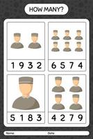 How many counting game with male moslem. worksheet for preschool kids, kids activity sheet, printable worksheet vector