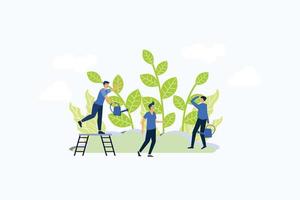Vector flat illustration, small people prepare for the holiday, save the planet from pollution, grow a plant, World Environment Day, Bio Technology