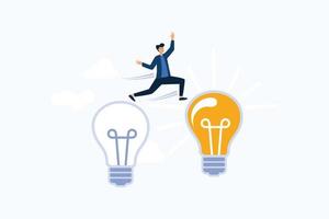 Business transformation, change management or transition to better innovative company, improvement and adaptation to new normal concept, smart businessman jump from old to new shiny lightbulb idea. vector