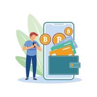 Vector illustration, wallet with bitcoin, concept of online payments, open purse with coins