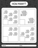 How many counting game with arabic teapot. worksheet for preschool kids, kids activity sheet, printable worksheet vector