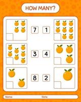 How many counting game with orange worksheet for preschool kids, kids activity sheet, printable worksheet vector